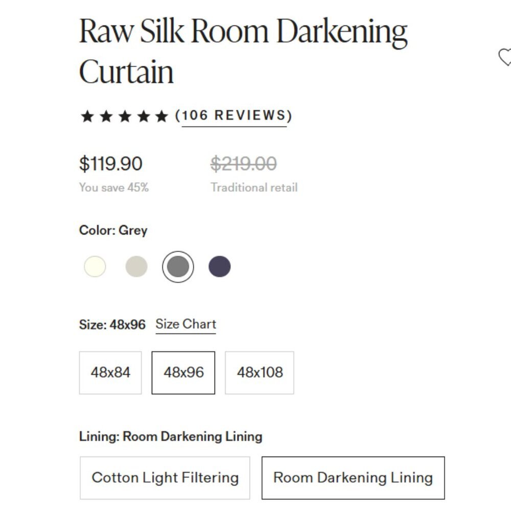 NWOT QUINCE 48x96 Raw Silk Room Darkening Curtain Grey 1 Panel Retail $120 (Q5) - Picture 2 of 8